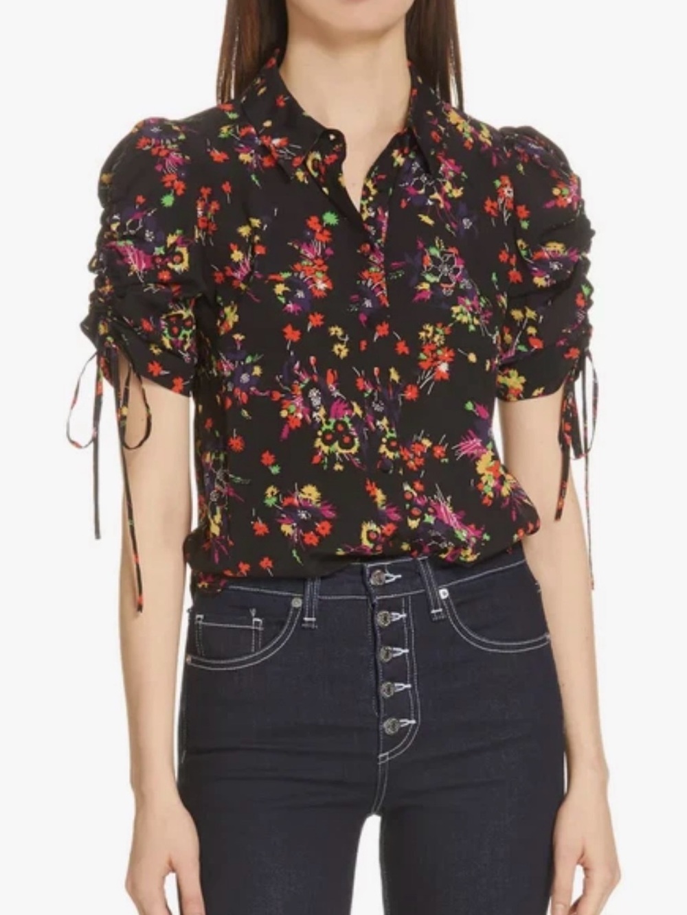 Veronica Beard Carmine Black Silk Floral Short Sleeve Blouse